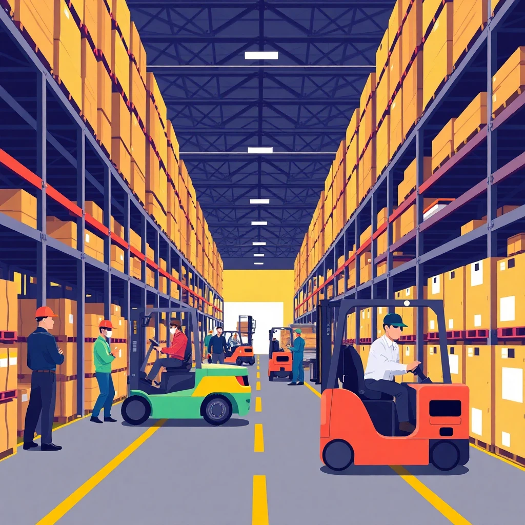 Busy warehouse scene